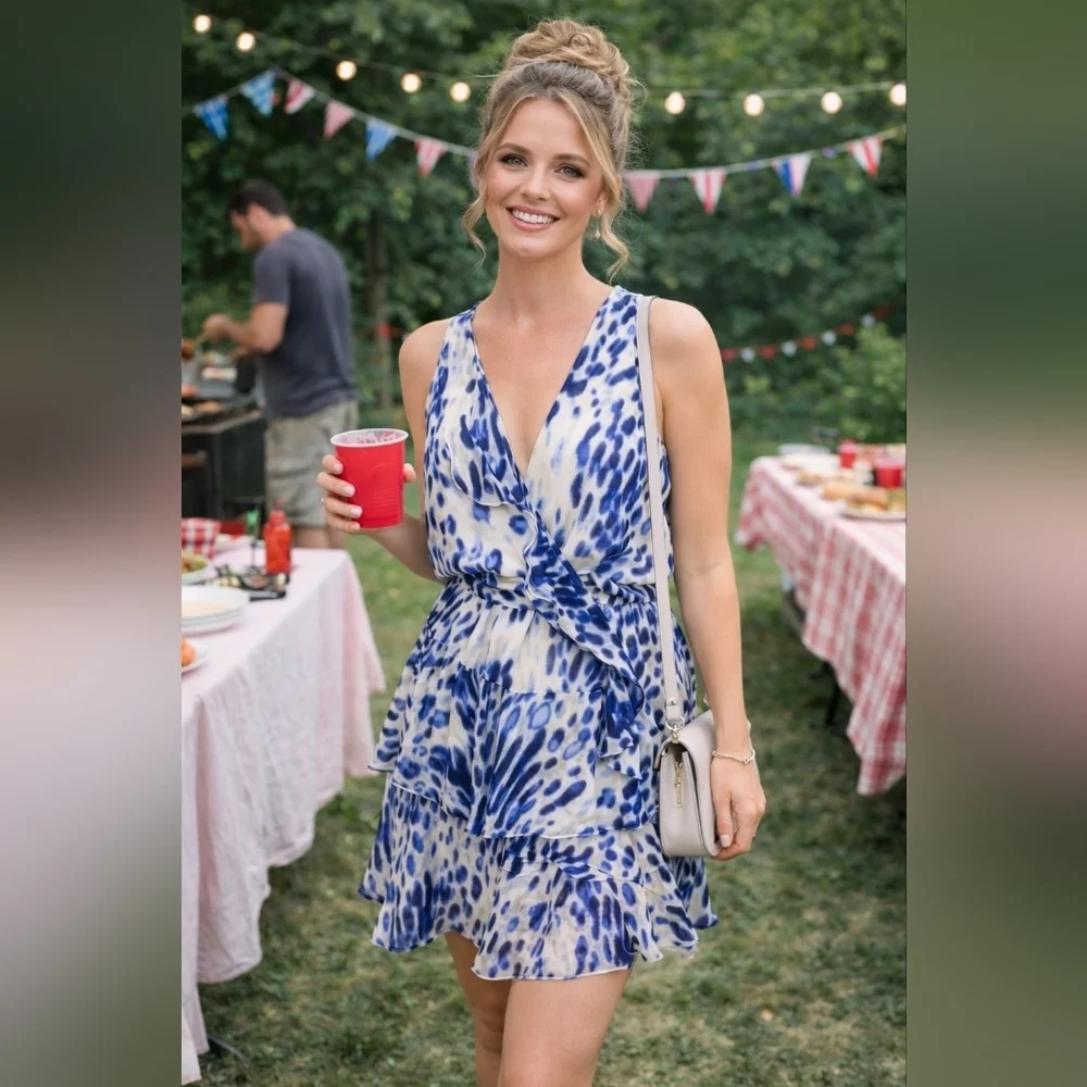 BCBGMaxAzria White and Blue Printed Mini Dress - Picture 2 of 16